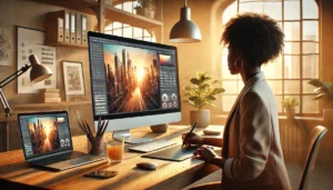 A professional Black woman using a digital drawing tablet and AI tools on a desktop computer to generate futuristic cityscapes in a bright modern office during golden hour.
