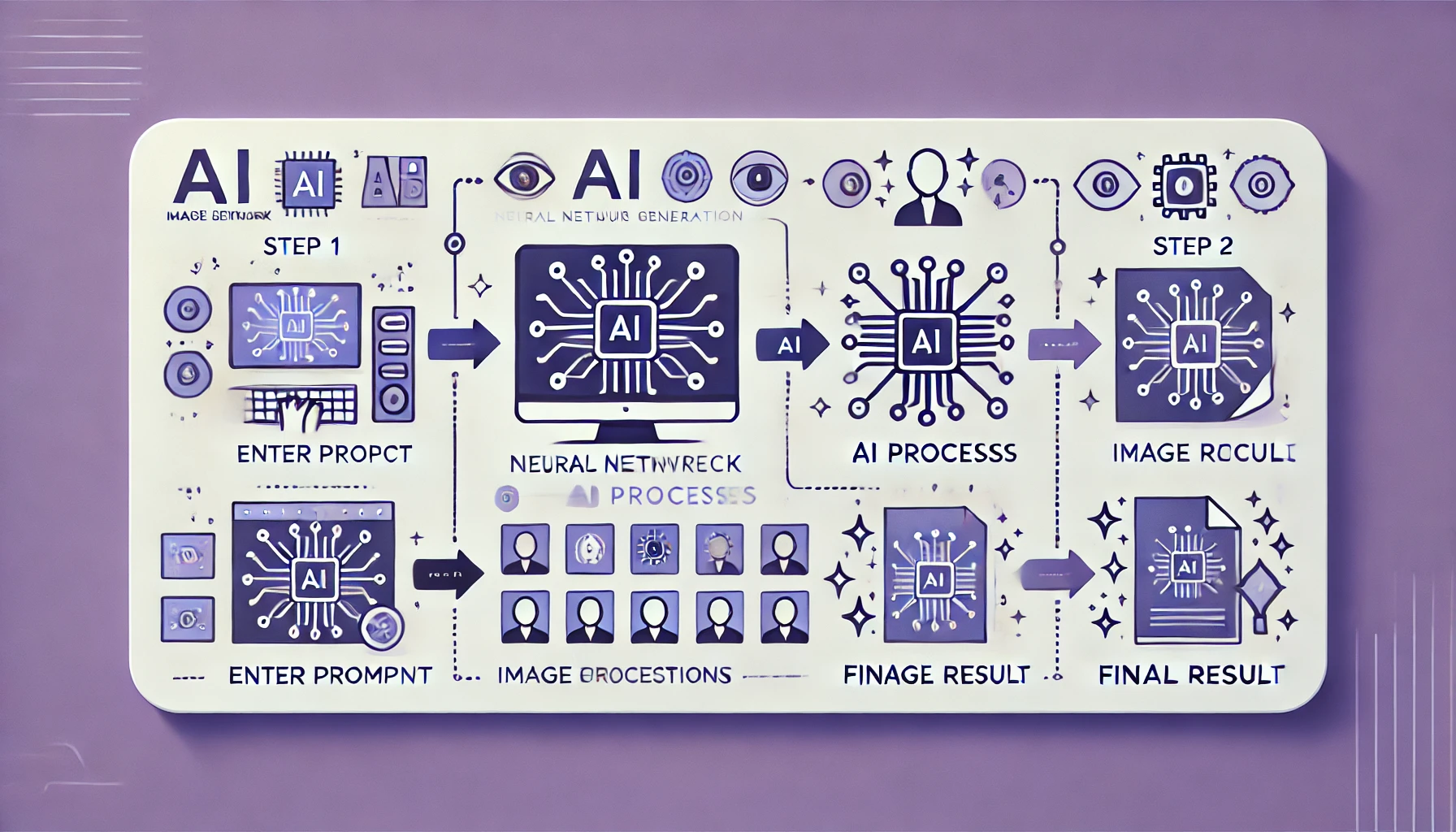 Flat design infographic showing the four steps of AI image generation: entering a prompt, AI processing, image options, and a final result — in a left-to-right horizontal flow.