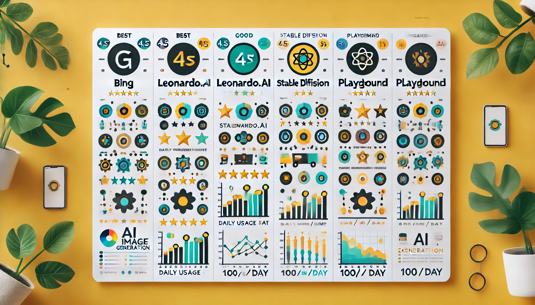 Visual comparison chart of top 5 free AI image generators showing daily limits and quality ratings