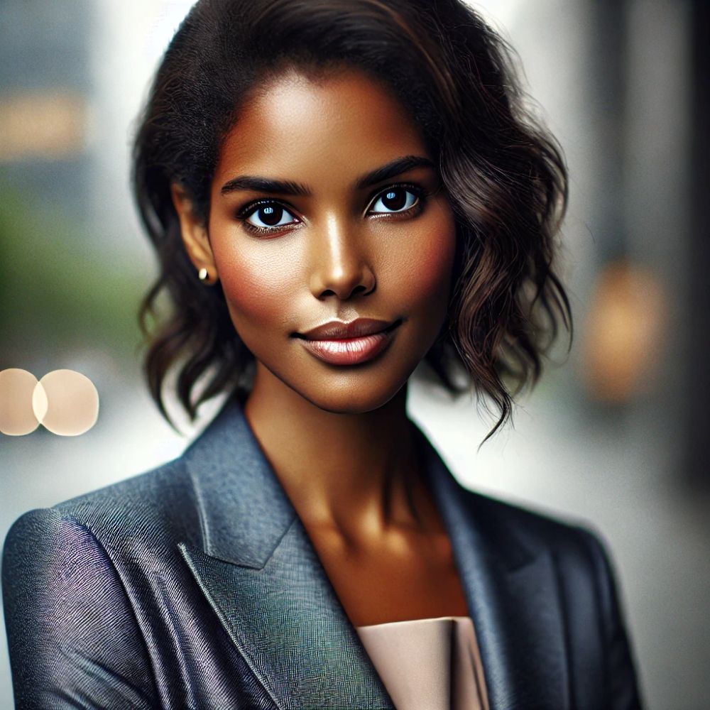 Professional headshot of a woman with medium to dark skin tone, wearing a blazer, softly smiling, against a neutral blurred background, styled in cinematic Midjourney v6 portrait quality.