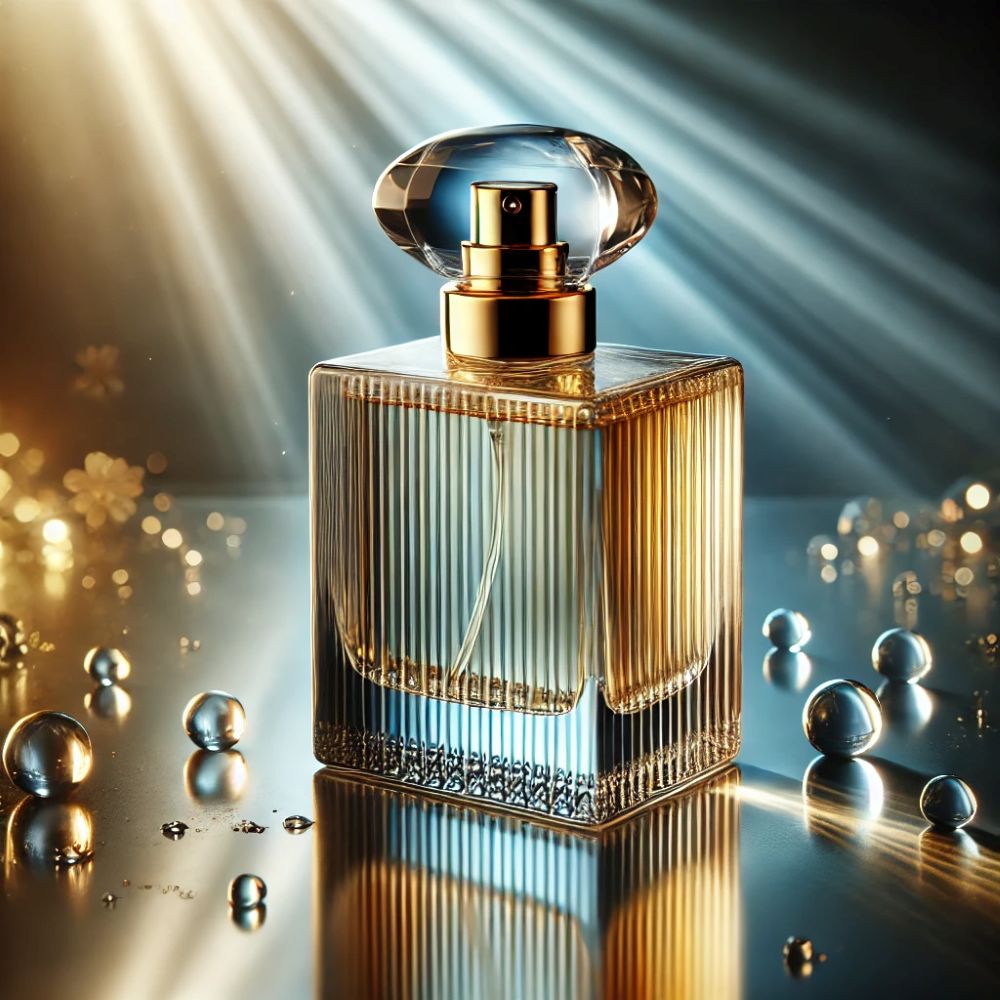 Elegant clear glass perfume bottle with gold cap on reflective surface, glowing under dramatic lighting with soft shadows and a subtle gradient background in deep blue and gold tones.