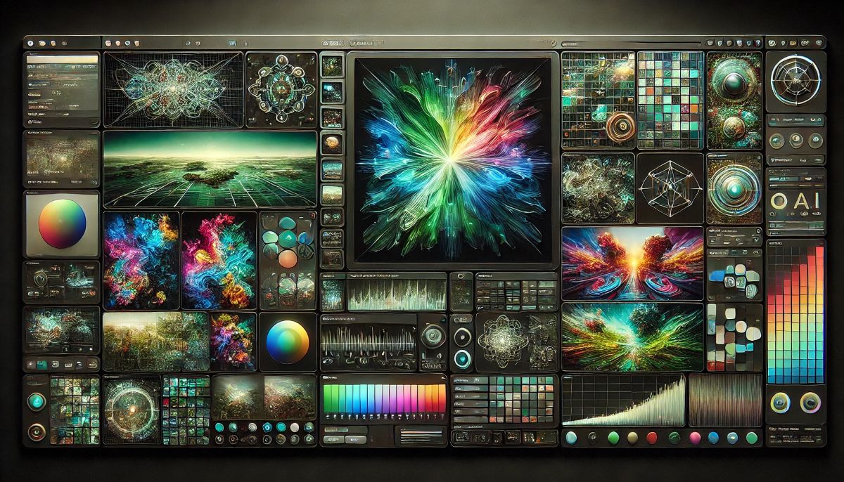 Futuristic dark user interface showing a grid of colorful AI-generated artwork including landscapes and abstract designs, with neural network-inspired