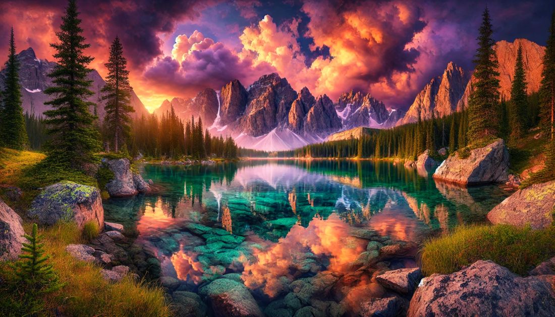 Photorealistic landscape photo of a crystal-clear mountain lake reflecting snow-capped peaks and dramatic golden hour sky with orange, pink, and purple clouds, framed by pine trees in the foreground.