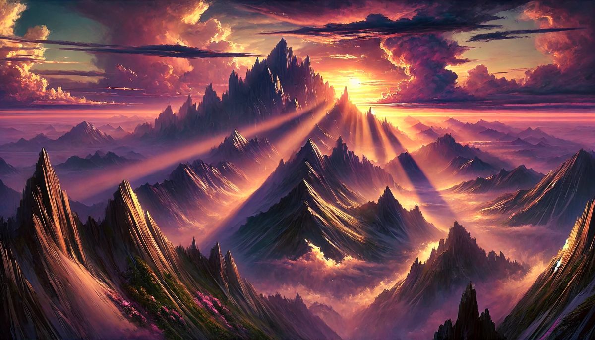 Stunning AI-generated fantasy mountain range at sunset with dramatic purple-orange sky and light rays, in Midjourney art style