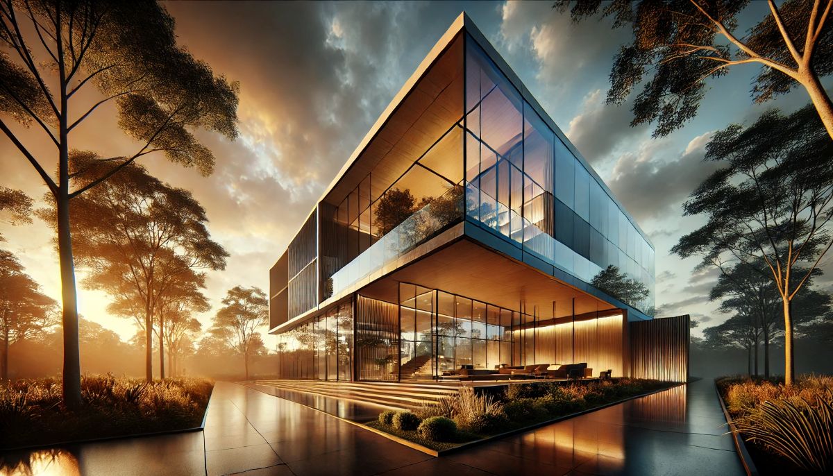Low-angle view of a modern glass and steel building with minimalist design, reflecting golden hour sky and trees, surrounded by greenery under warm natural lighting.