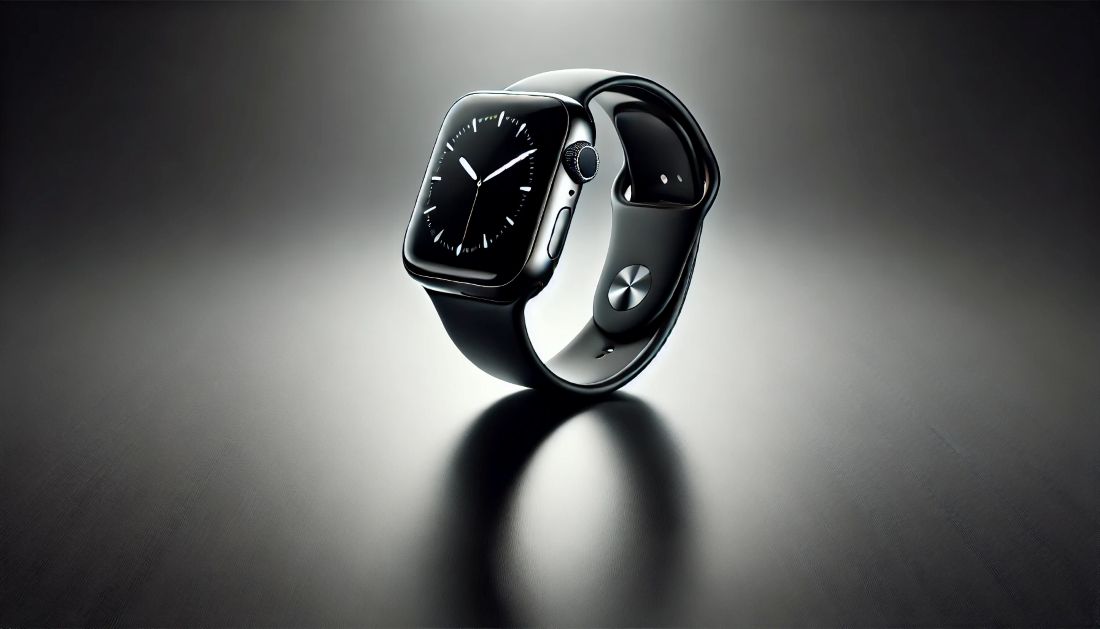 Premium product photo of a sleek black smartwatch centered on a polished light gray surface, with soft side lighting, sharp reflections, and minimalist studio background.