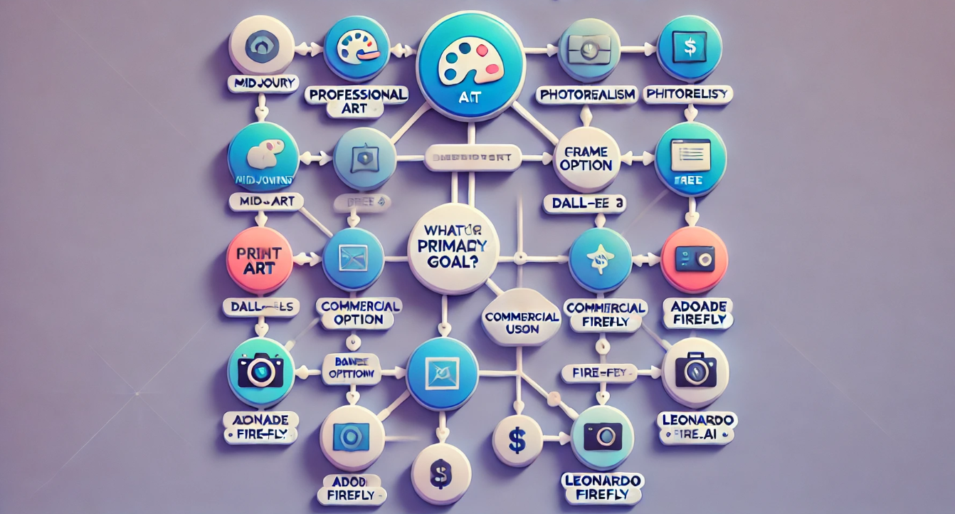 Flowchart infographic with colorful rounded icons and arrows, showing paths to different AI image generators based on goals like professional art, photorealism, commercial use, free tools, and game assets.