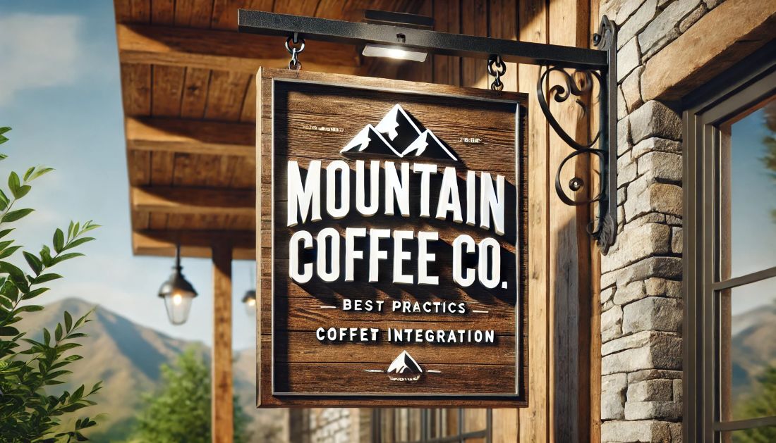 Rustic wooden storefront sign reading “MOUNTAIN COFFEE CO.” in bold white text, with a mountain logo above, hanging from black metal chains, captured in natural daylight with realistic textures and shadows.