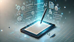 Photorealistic hero image of a digital document transforming text using glowing blue-teal particles, with grammar icons floating on a white-to-teal gradient background — representing AI paraphrasing and writing tools.