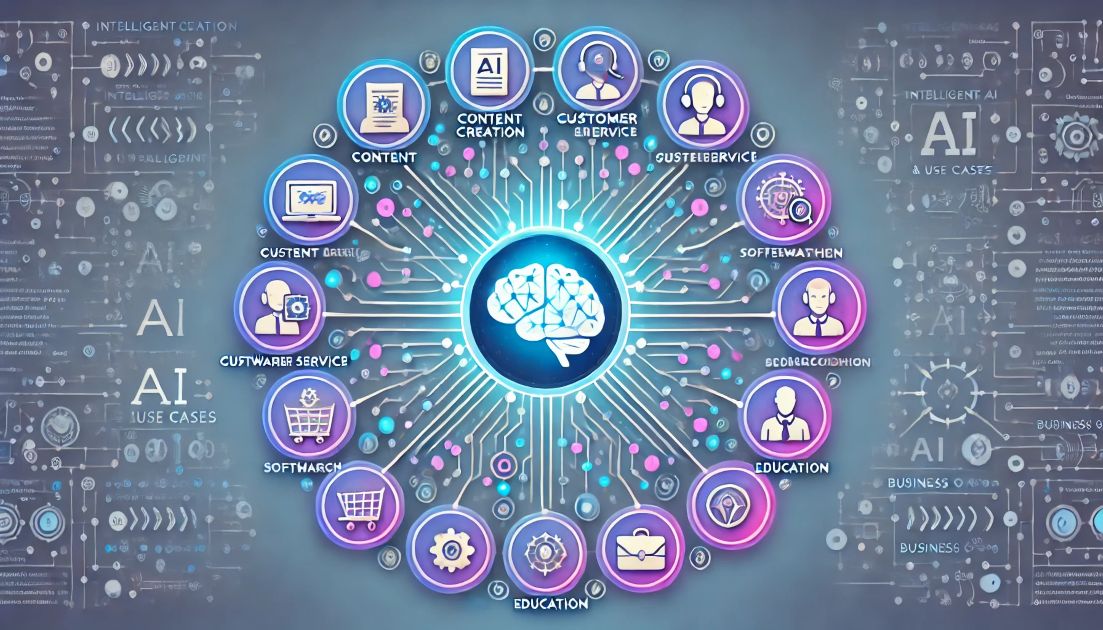 Circular infographic with a glowing AI brain labeled 'Intelligent AI' at the center, connected to several AI use cases with icons and people illustrations.