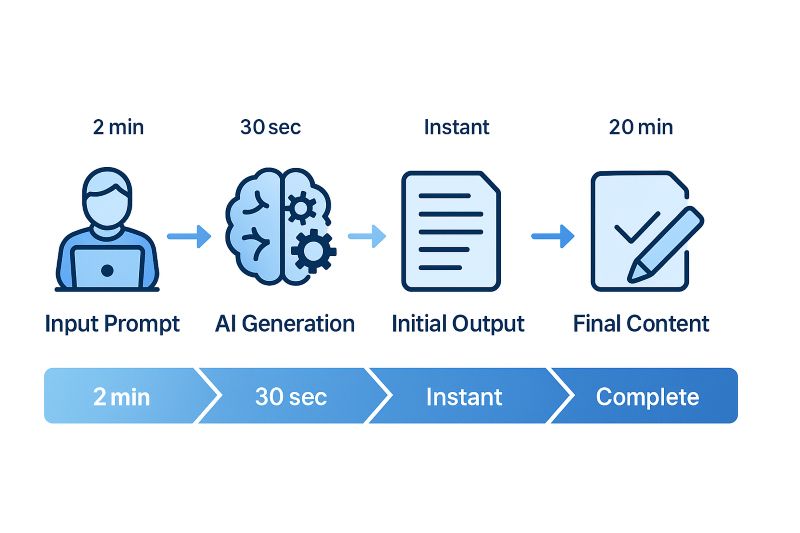 AI writing process workflow 2026: five-step process from prompt input through AI generation, initial output, human editing, to final polished content