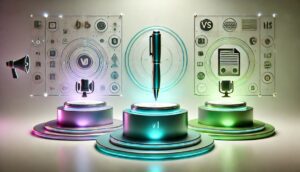 Sleek 3D podium with three glowing platforms in purple, teal, and green, representing AI writing tools in a modern, minimalistic comparison layout without text.