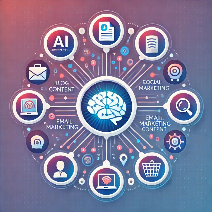 AI writing tool use cases diagram: blog content, social media, email marketing, e-commerce, SEO optimization, and business communications applications