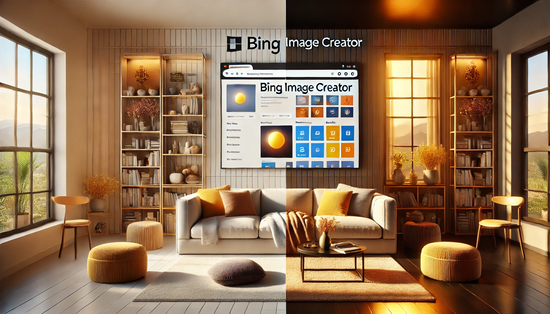 Bing Image Creator interface showing DALL-E 3 quality with split screen photorealistic room in day and night lighting
