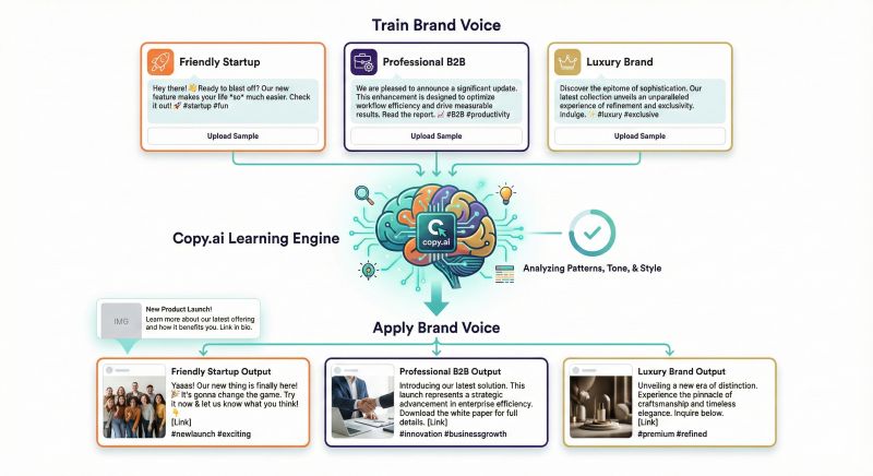 Copy.ai brand voice feature: train AI on your brand style and generate consistent content matching your unique voice across all marketing materials