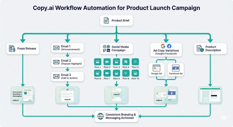 Copy.ai workflow automation: create complete product launch campaign from single brief—press release, emails, social media, ads, descriptions automatically