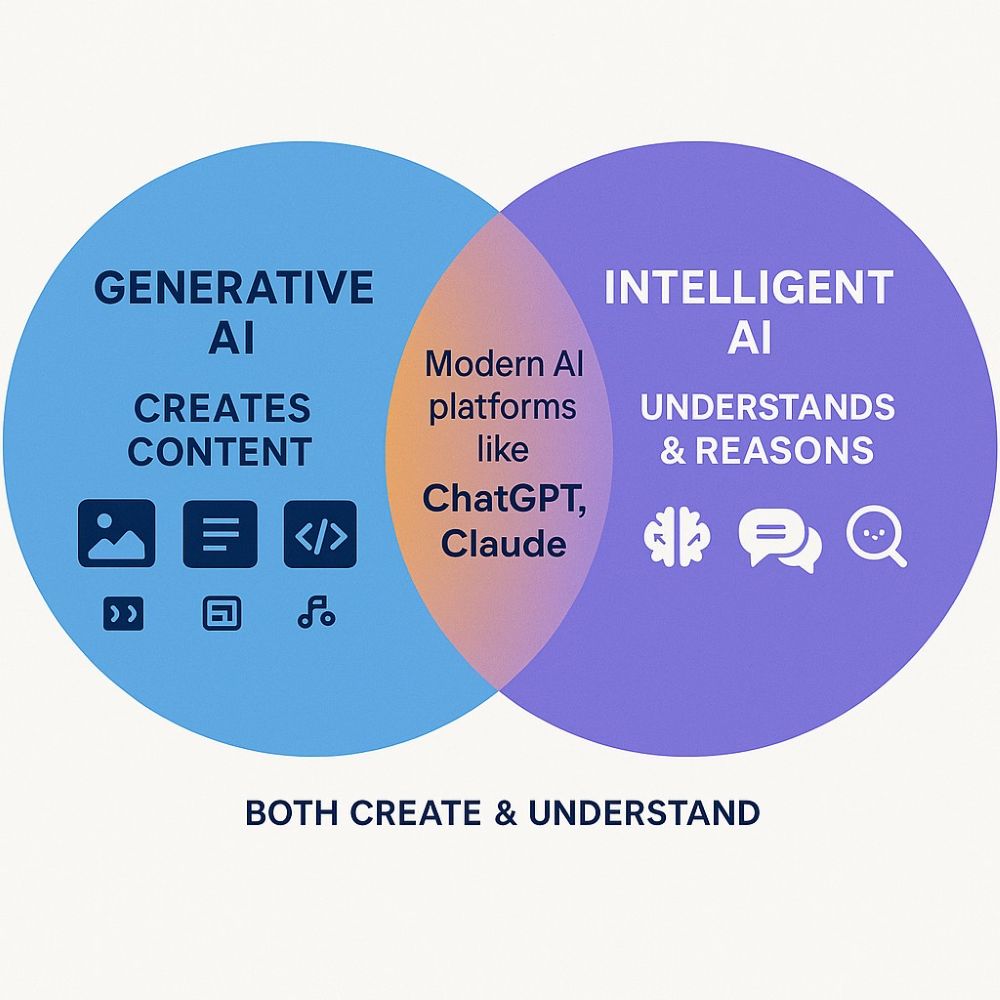 Venn diagram comparing Generative AI (content creation) vs Intelligent AI (understanding and reasoning) with modern platforms combining both