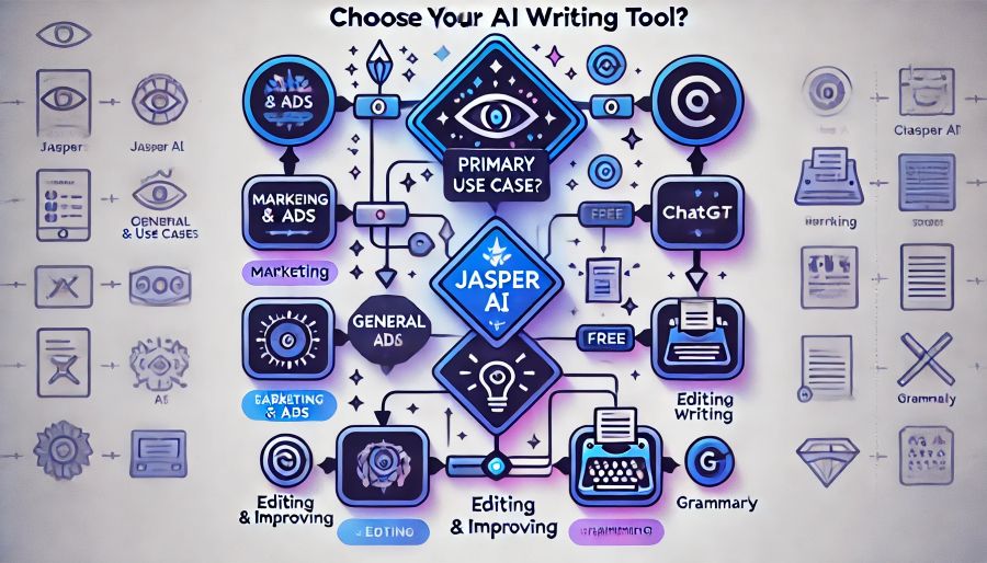 AI writing tool selection decision tree: flowchart showing how to choose between Jasper, ChatGPT, Copy.ai, Grammarly based on use case, budget, and team size
