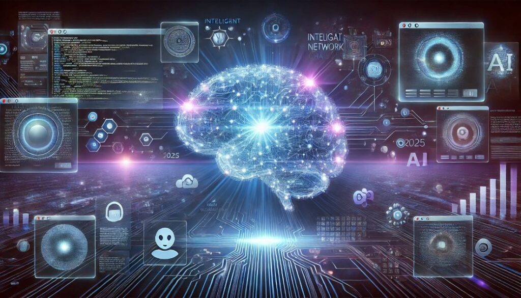 Digital brain made of glowing neural network connections surrounded by holographic chat bubbles with code, text, and data visualizations, representing Intelligent AI in a futuristic 2026 setting.