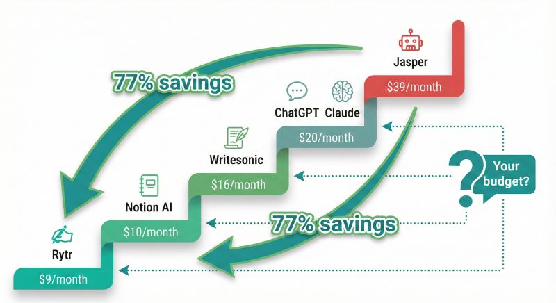 Pricing ladder for AI writing tools: Steps range from Rytr at $9/month to Jasper at $39/month, showing a 77% potential cost saving.