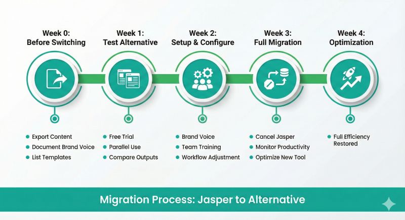 4-week timeline infographic for migrating from Jasper: Week 1 Testing, Week 2 Setup, Week 3 Full Migration, Week 4 Optimization.