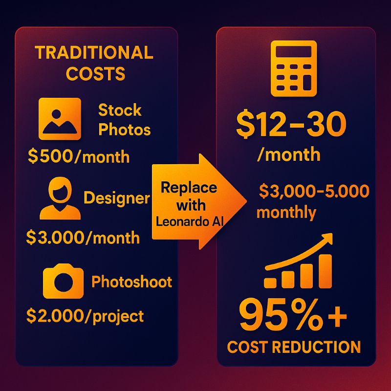 Leonardo AI business ROI: Replace $3,000-5,000 monthly costs (stock photos, designers, photoshoots) with $12-30/month subscription, 95%+ savings