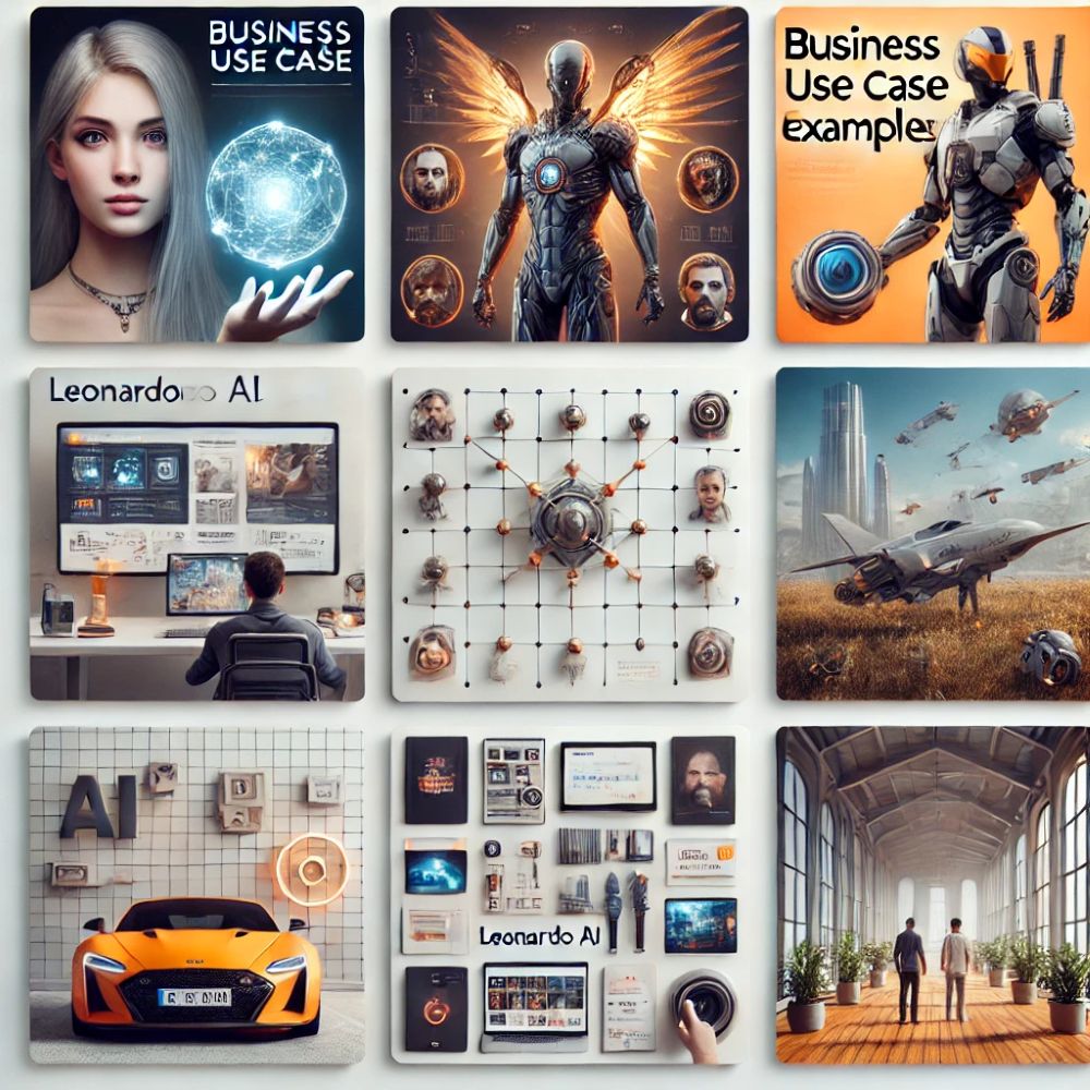 Leonardo AI business use cases: marketing ads, game development, e-commerce products, social media, print-on-demand, and architecture design examples