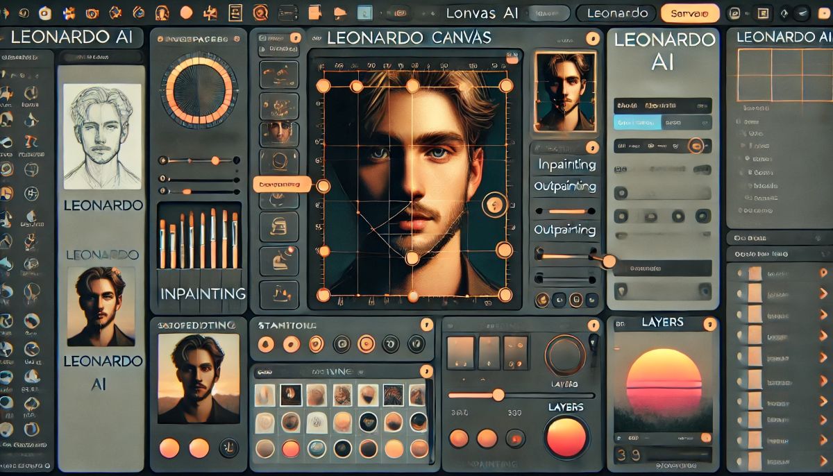 Leonardo AI Canvas interface: Advanced editing workspace showing inpainting, outpainting, masking tools, and layer-based image refinement