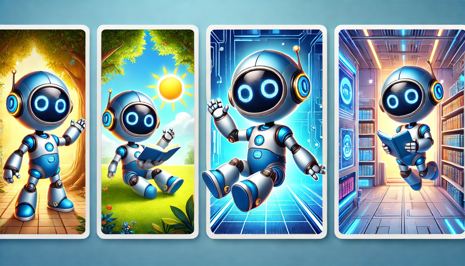 Leonardo AI character consistency feature showing same blue robot character in three different poses waving reading and jumping