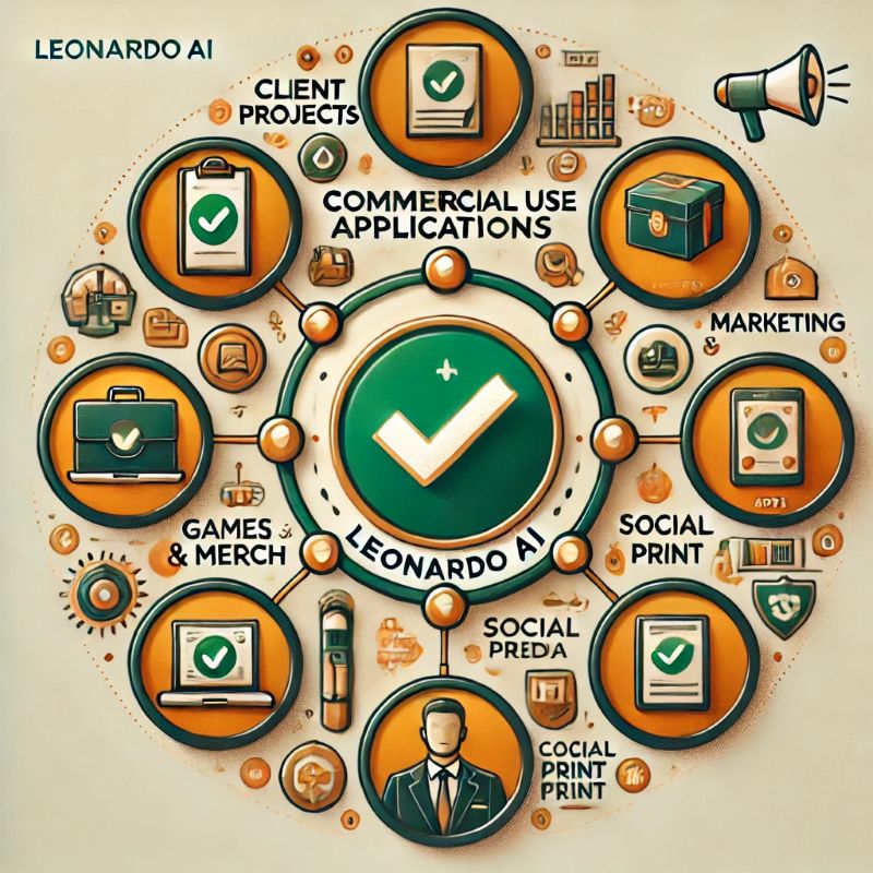Leonardo AI commercial licensing diagram showing 6 approved business uses: client projects, merchandise, marketing, games, social media, and print