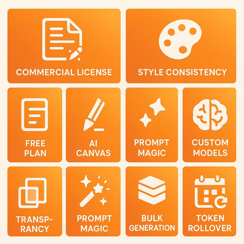 Leonardo AI key features: commercial licensing, AI Canvas editing, style consistency, custom models, transparency, prompt enhancement, bulk generation, token rollover