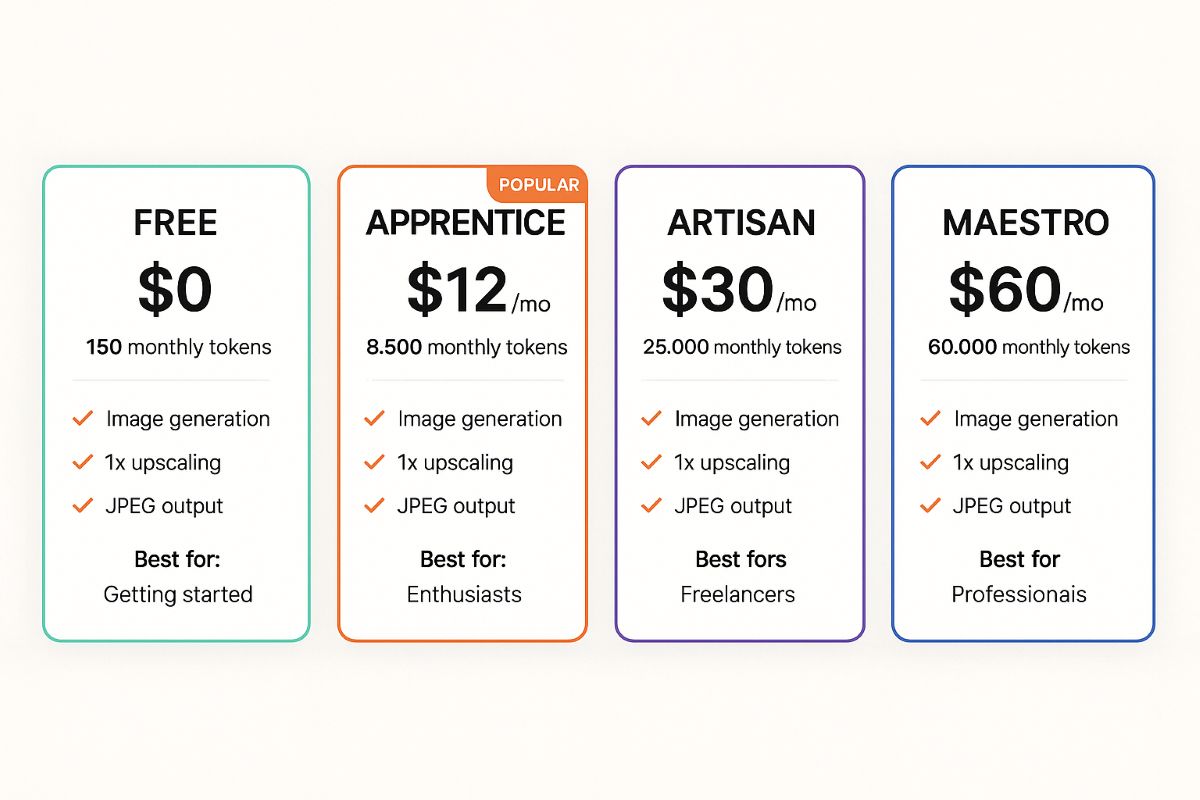Leonardo AI pricing plans: Free, Apprentice ($12), Artisan ($30), and Maestro ($60) plans with token allocations and features comparison