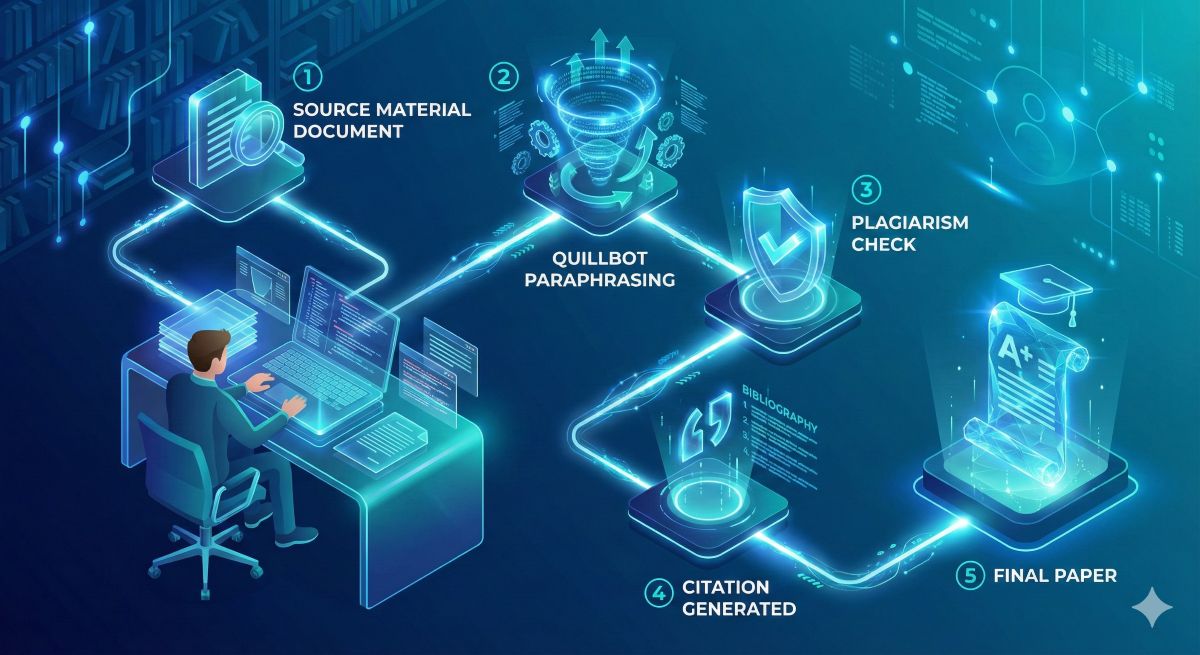 Illustration of a student's academic writing workflow using Quillbot: source material integration, AI paraphrasing, plagiarism detection, and citation generation.