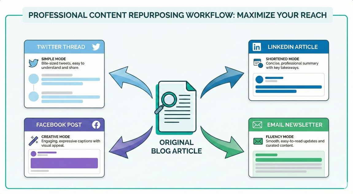 Content repurposing infographic showing a blog article branching into LinkedIn posts, newsletters, and social media content using different Quillbot modes.