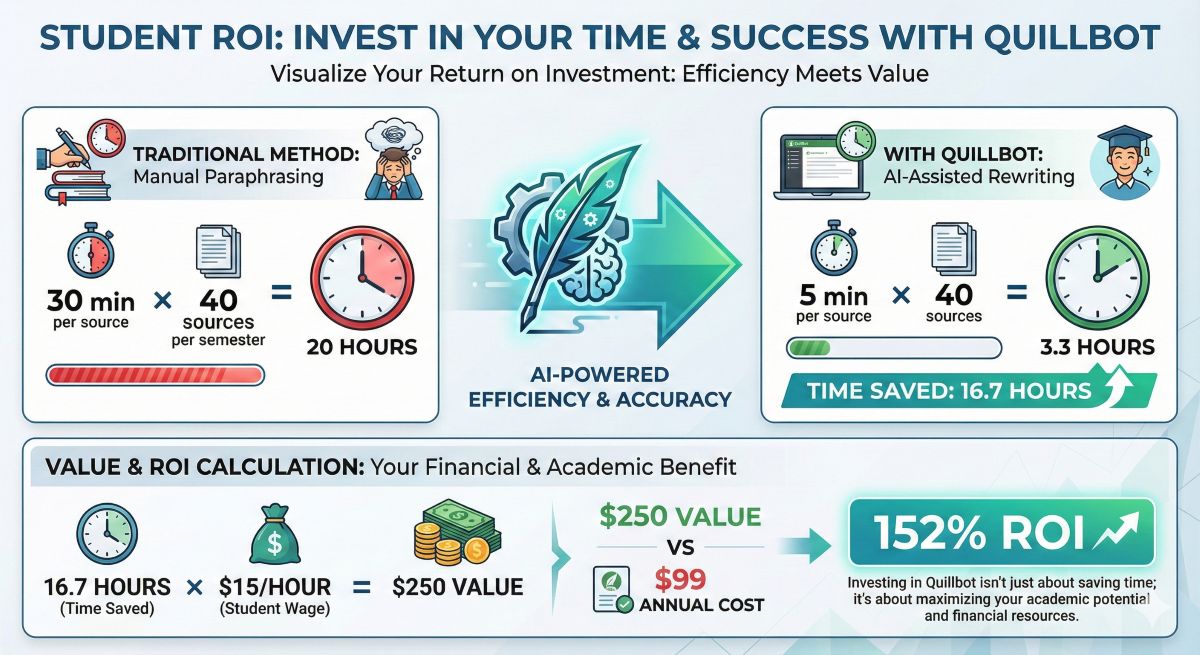 ROI visualization infographic comparing 20 hours of manual paraphrasing vs 3.3 hours with Quillbot, highlighting 152% return on investment.