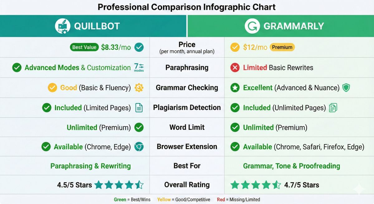 Side-by-side comparison chart of Quillbot vs Grammarly features, using traffic light indicators for price, paraphrasing, and grammar checking accuracy.