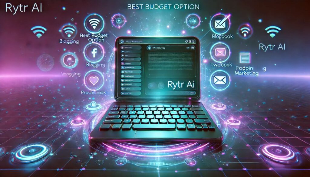 Futuristic hero image showing a glowing laptop surrounded by AI writing icons, with phrases “Rytr AI”, “Best Budget Option”, and “Writing” in a neon tech style.