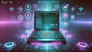 Futuristic hero image showing a glowing laptop surrounded by AI writing icons, with phrases “Rytr AI”, “Best Budget Option”, and “Writing” in a neon tech style.