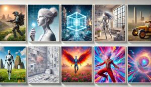 Stable Diffusion XL gallery showing 10 diverse AI-generated images: sci-fi robots, cyberpunk cityscapes, fantasy warriors, abstract art, photorealistic scenes