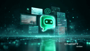 ChatGPT review 2026 featured image showing GPT-4 interface with code generation, DALL-E 3 images, data analysis, and conversation capabilities