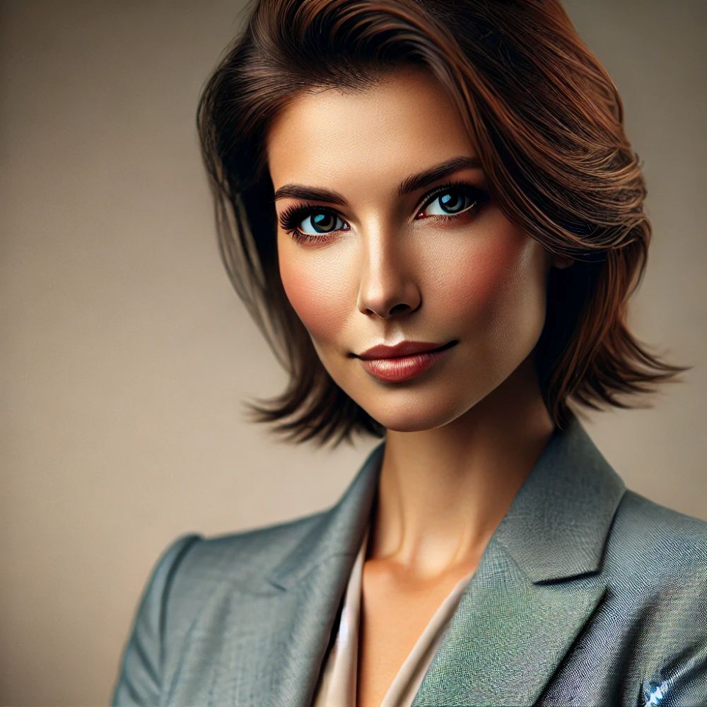 Cinematic portrait of a business woman with dramatic studio lighting hitting one side of her face. She has a sharp, intense gaze, wearing high-end corporate attire, set against a dark, moody blurred background.