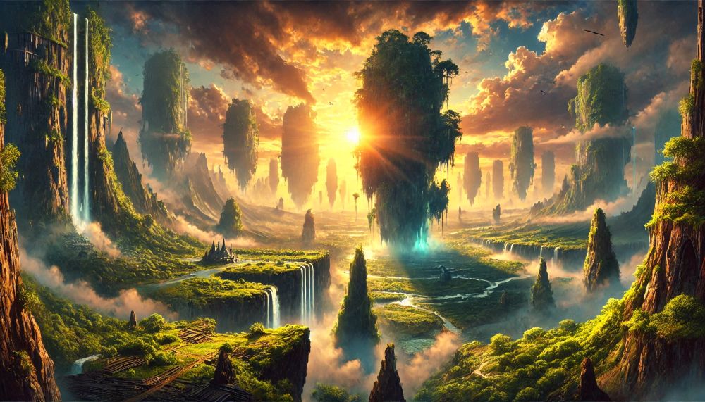 Dreamlike fantasy world with lush green floating islands connected by vines. The sky is filled with swirling dramatic clouds in vibrant shades of purple and orange, with ethereal light beams breaking through