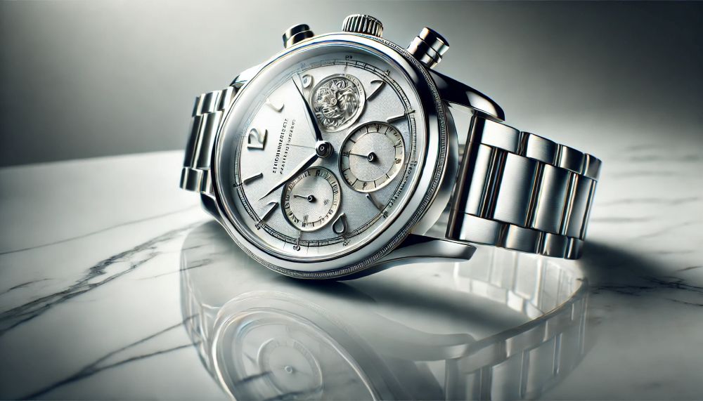 Elegant close-up of a gold chronograph watch on a dark, polished marble surface. The image features dramatic reflections and moody lighting, emphasizing the intricate gears and glass face.
