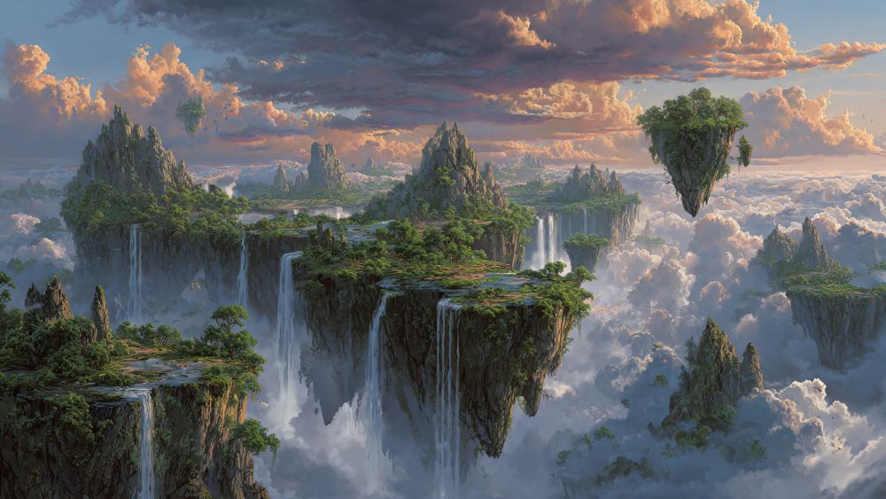 Grand scale digital art of a magical realm. Giant floating rocks suspend over an abyss, with crystal clear waterfalls turning into mist. The color palette is rich and saturated, resembling a high-concept video game environment.