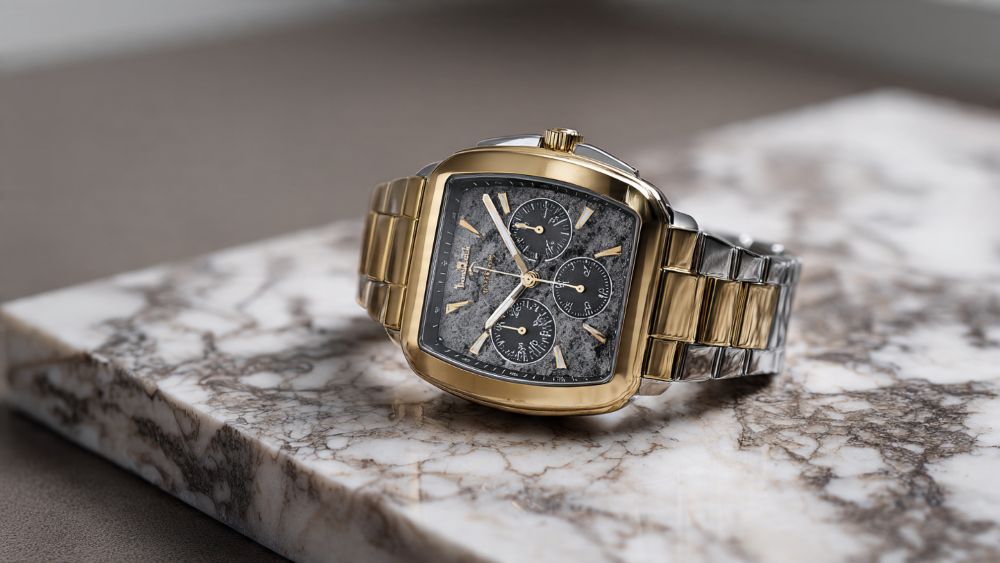 Sleek, modern luxury watch displayed on a textured stone background. The shot uses macro photography depth of field, focusing sharply on the watch hands while blurring the marble edges, in a professional advertisement style.