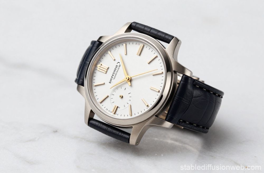 Clean product photography of a silver luxury wristwatch resting on a white Carrara marble countertop. The lighting is bright and neutral, highlighting the metallic bezel and leather strap details.
