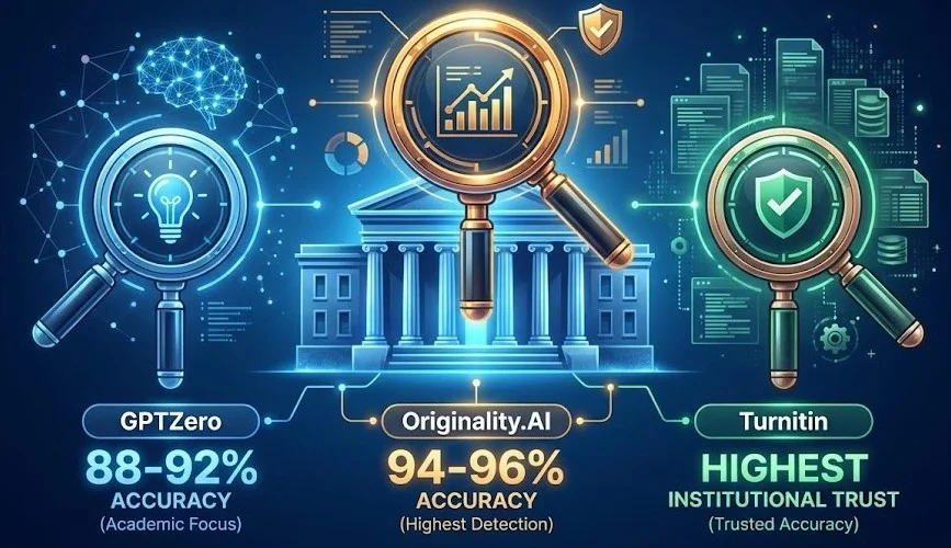 AI detectors compared: GPTZero 88-92% accuracy for education, Originality.ai 94-96% highest accuracy, Turnitin 92-94% institutional standard