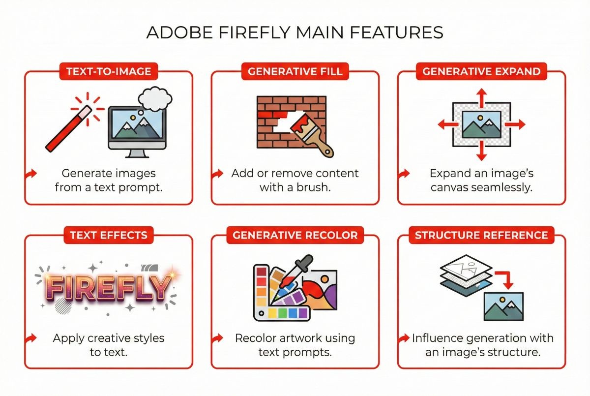 Adobe Firefly features infographic - Text-to-Image, Generative Fill, Expand, Text Effects, Recolor, and Structure Reference capabilities