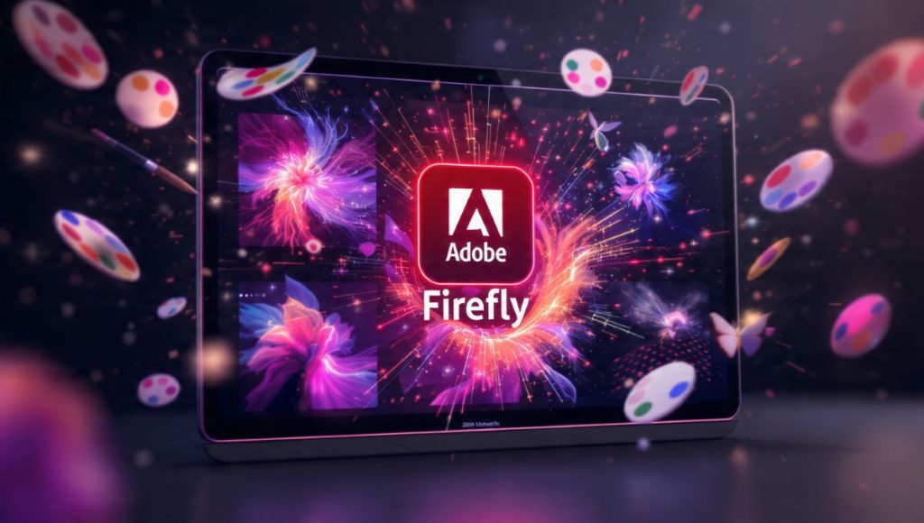 Adobe Firefly AI image generator review - interface showing AI-generated images with creative tools and firefly effects