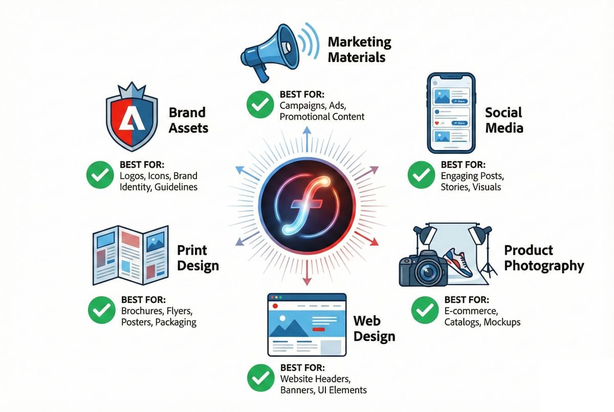 Adobe Firefly use cases infographic - marketing materials, social media, product photography, web design, print design, and brand assets